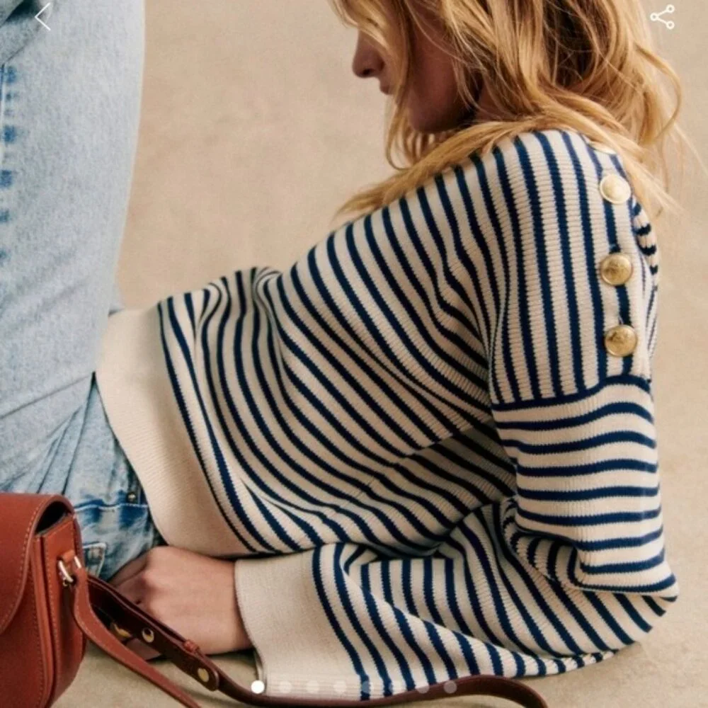 Last Chance! EUC Sezane Daisy 100% Cotton Striped Sweater Ecru Navy XXL - Picture 2 of 9